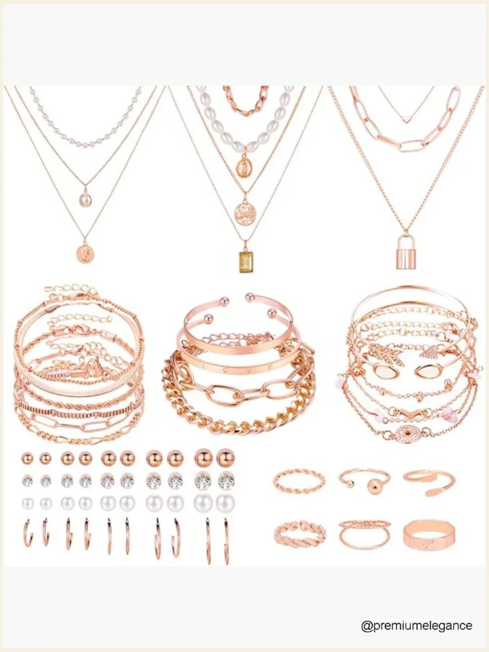 65 Piece Gold Jewelry Set Necklace Bracelet Ring Earrings Women Fashion Costume